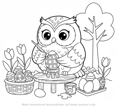 Eule bemalt Osterei auf Ausmalbild