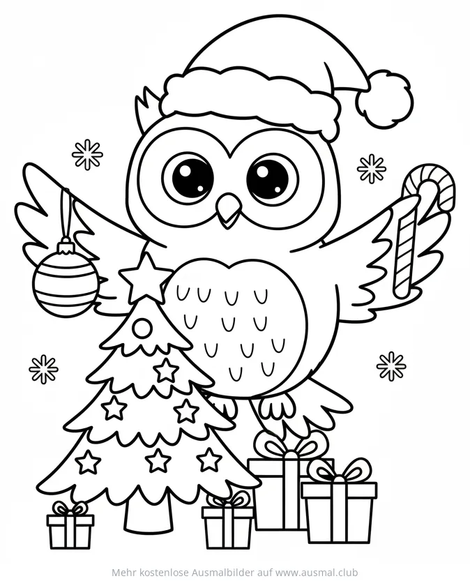 Weihnachts Eule mit Weihnachtsbaum und Geschenken Ausmalbild