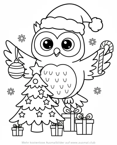 Weihnachts Eule mit Weihnachtsbaum und Geschenken Ausmalbild