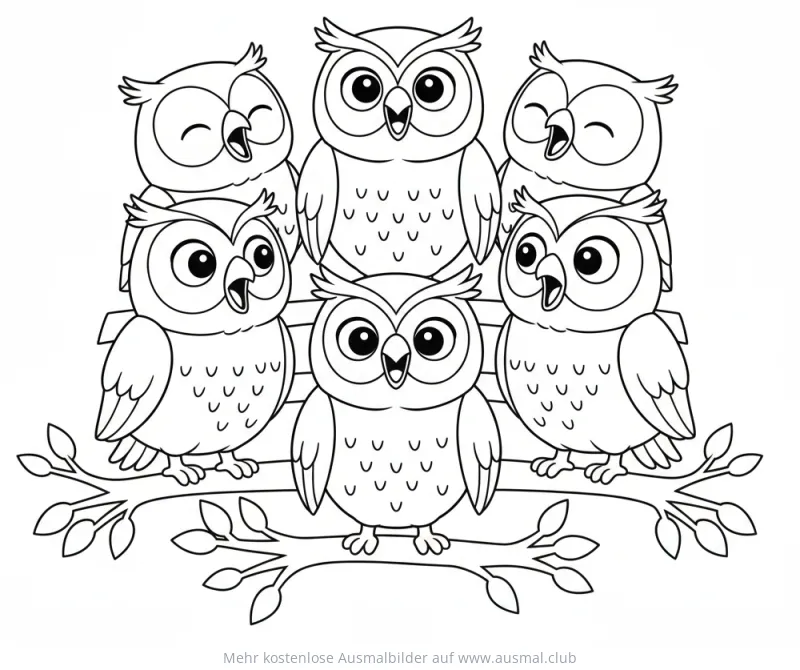 Eulen Chor auf Ast Ausmalbild