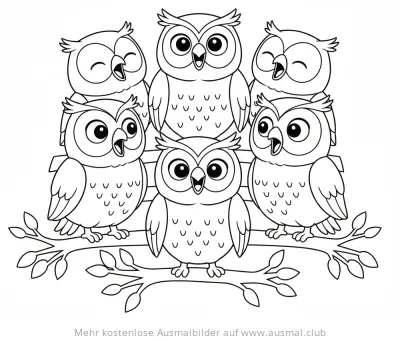 Eulen Chor auf Ast Ausmalbild