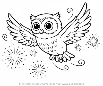 Fliegende Eule umgeben von Feuerwerk Ausmalbild