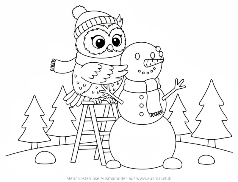 Eule mit Mütze und Schal baut Schneemann Ausmalbild