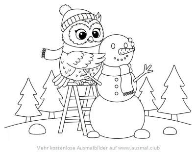 Eule mit Mütze und Schal baut Schneemann Ausmalbild