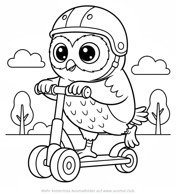 Eule mit Helm fährt Roller Ausmalbild