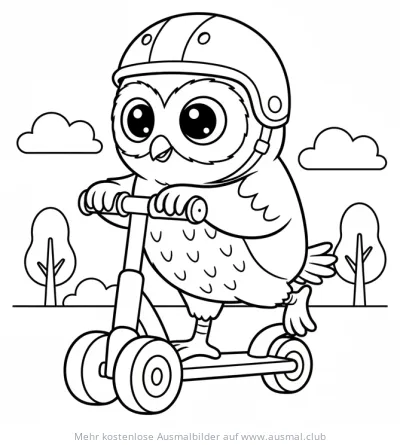 Eule mit Helm fährt Roller Ausmalbild