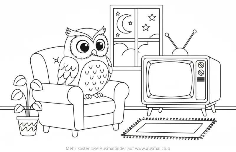 Eule sitzt in Sessel vor Fernseher Ausmalbild