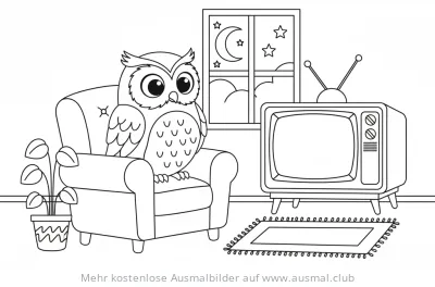 Eule sitzt in Sessel vor Fernseher Ausmalbild