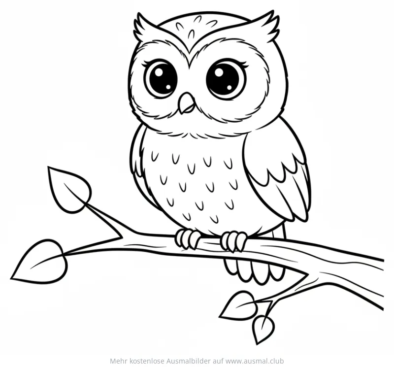Niedliche Eule mit großen Augen sitzt auf Ast, Ausmalbild