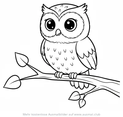 Niedliche Eule mit großen Augen sitzt auf Ast, Ausmalbild