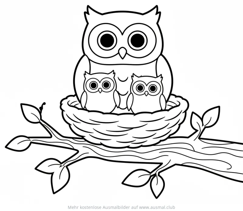 Eulenfamilie im Nest auf Ast Ausmalbild