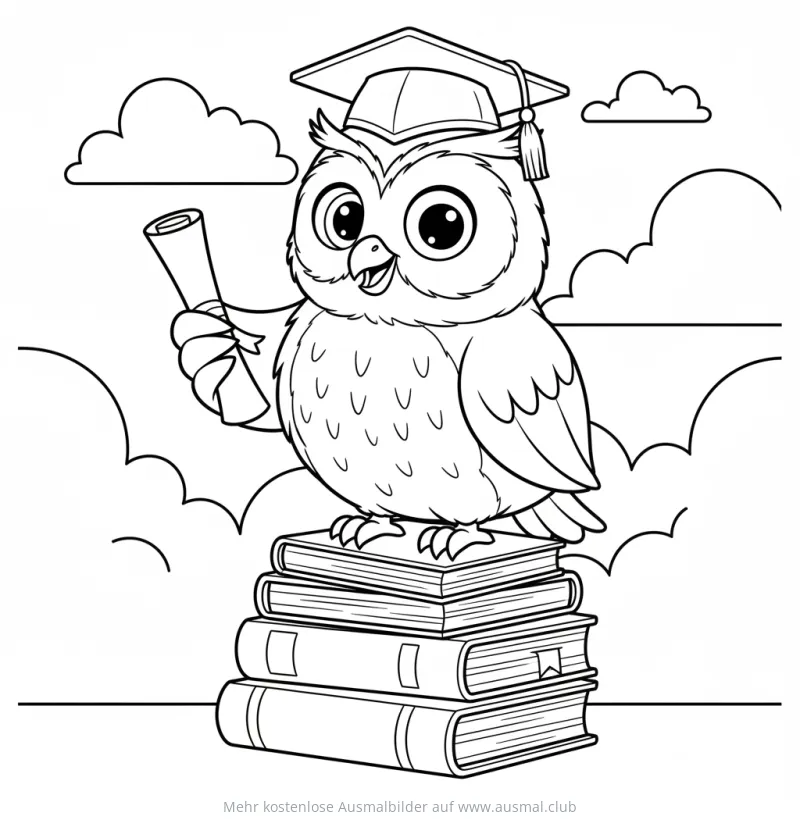 Eule mit Doktorhut und Urkunde auf Bücherstapel Ausmalbild