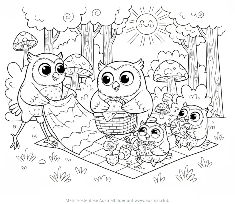 Eulen Familie beim Picknick im Wald Ausmalbild