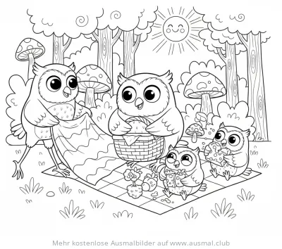 Eulen Familie beim Picknick im Wald Ausmalbild