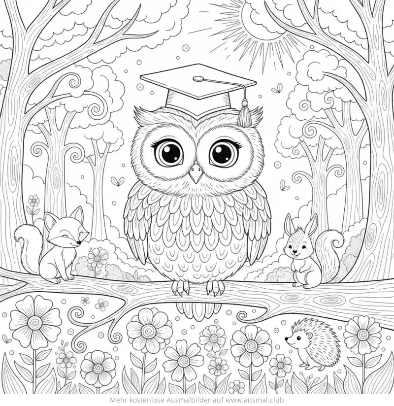 Eule mit Doktorhut, Fuchs, Eichhörnchen und Igel im Wald Ausmalbild