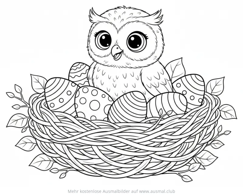 Eule Küken im Nest mit Ostereiern Ausmalbild