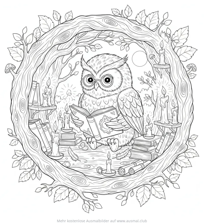 Eule mit Brille liest Buch, umgeben von Büchern und Kerzen Ausmalbild