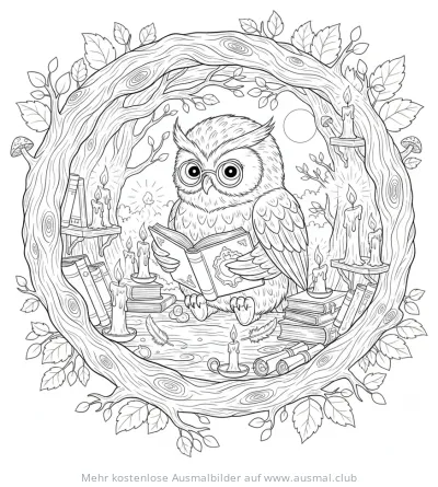 Eule mit Brille liest Buch, umgeben von Büchern und Kerzen Ausmalbild