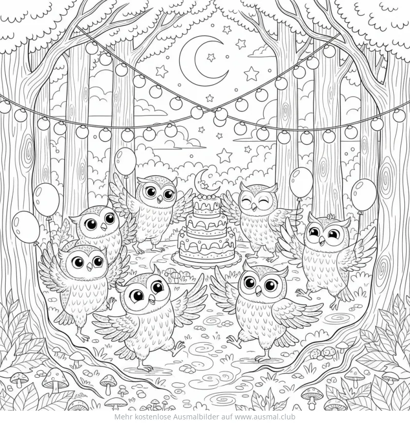 Eulen feiern Party im Wald Ausmalbild