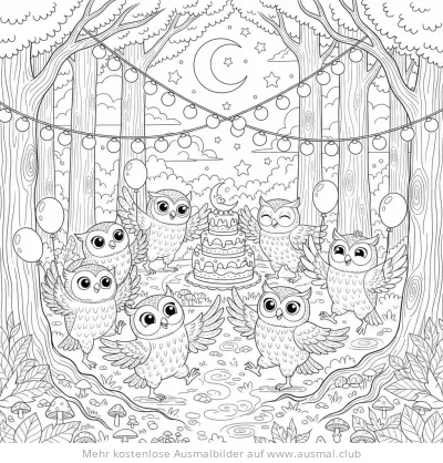 Eulen feiern Party im Wald Ausmalbild