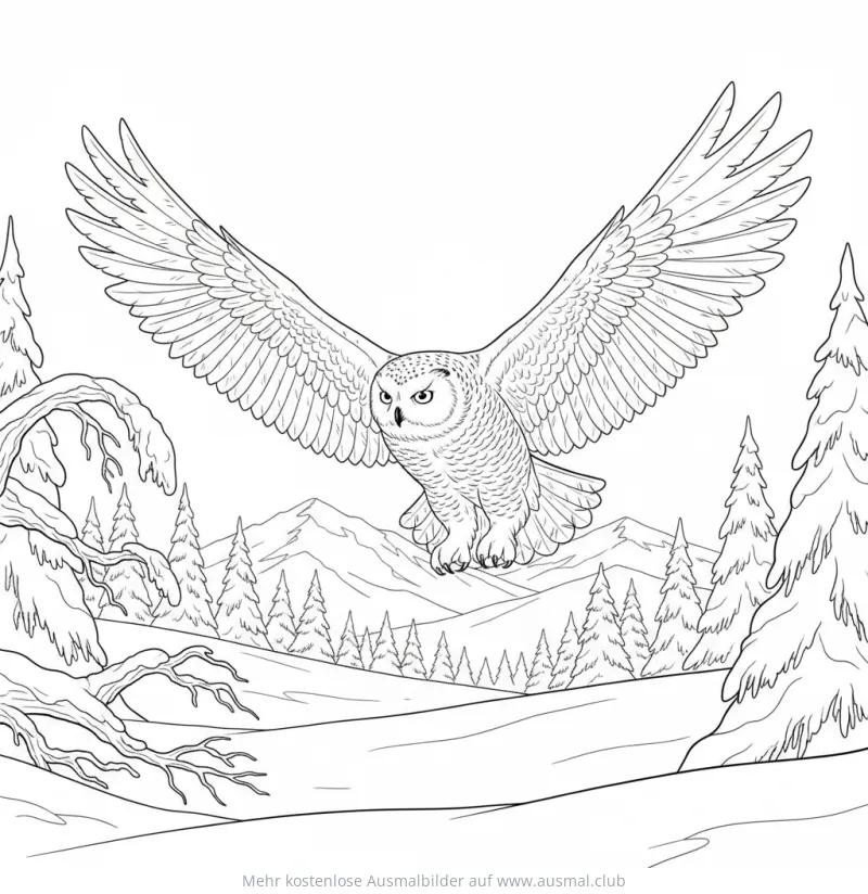Schneeeule fliegt über verschneite Landschaft Ausmalbild