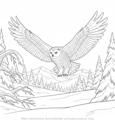 Schneeeule fliegt über verschneite Landschaft Ausmalbild