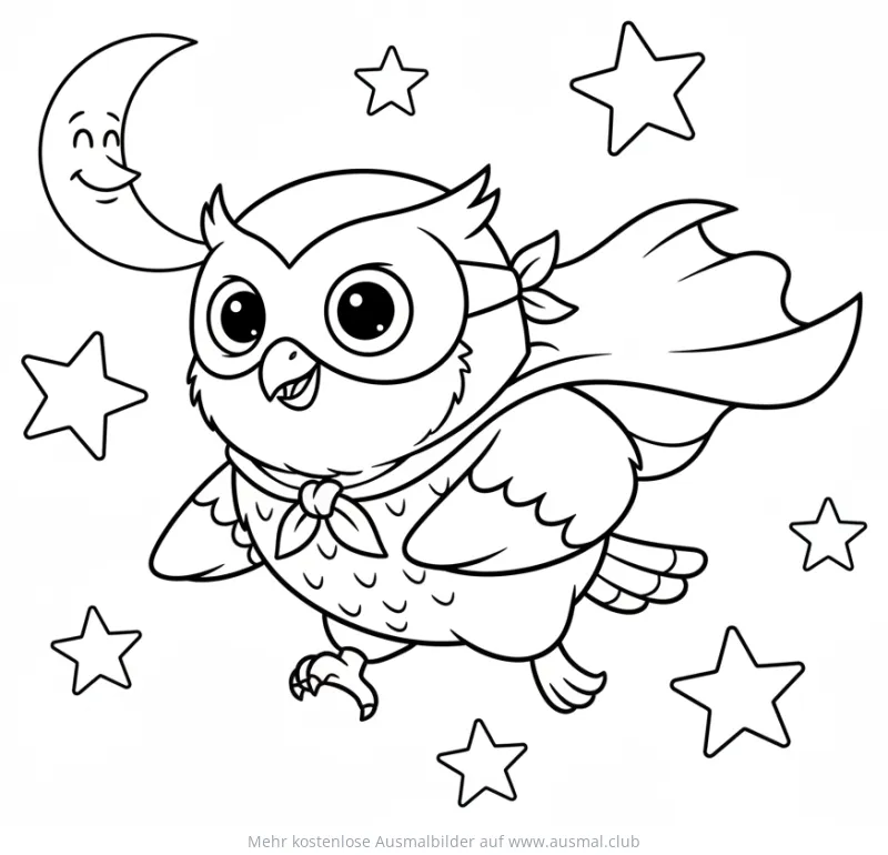 Eule als Superheld mit Maske und Umhang zwischen Sternen und Mond Ausmalbild