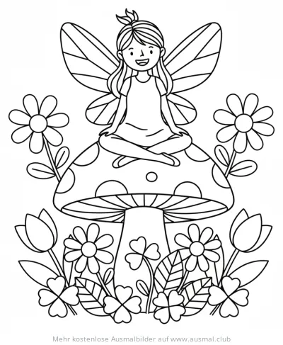 Fee sitzt auf einem Pilz, umgeben von Blumen Ausmalbild