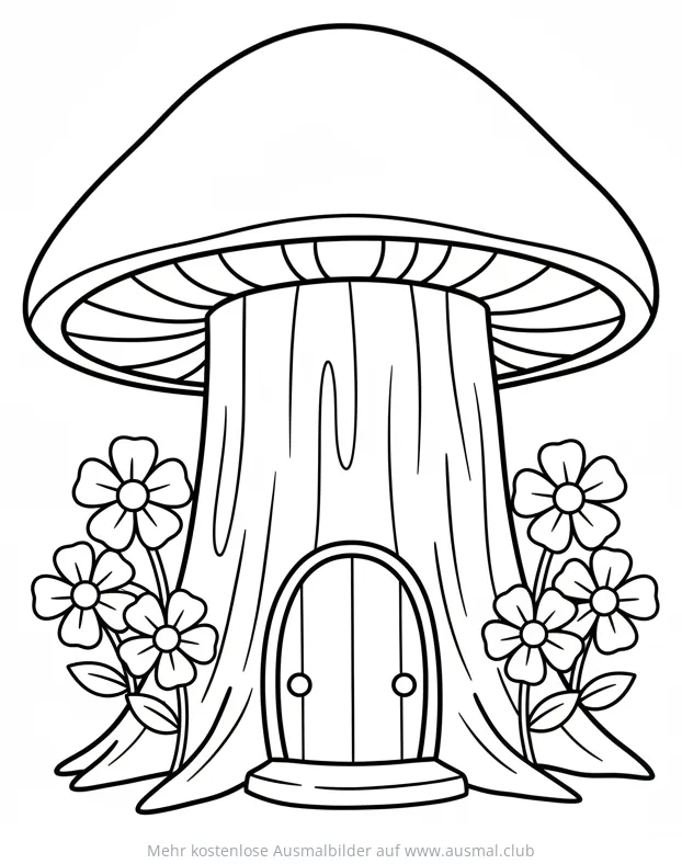 Feenhaus in Pilzform mit Tür und Blumen Ausmalbild