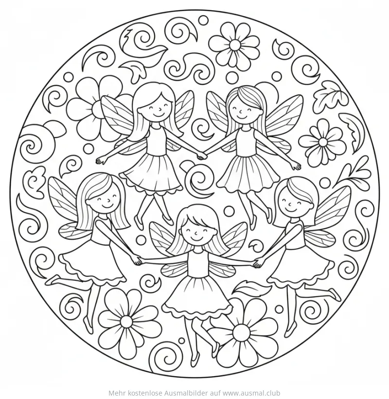 Tanzende Feen mit Blumen und Ornamenten Ausmalbild