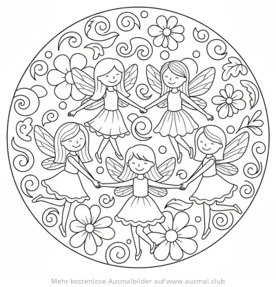 Tanzende Feen mit Blumen und Ornamenten Ausmalbild