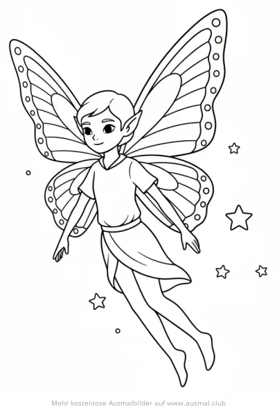 Elf mit Schmetterlingsflügeln Ausmalbild zwischen Sternen
