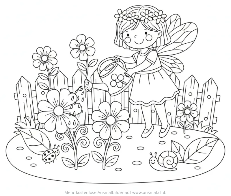 Fee gießt Blumen Ausmalbild mit Garten und Tieren