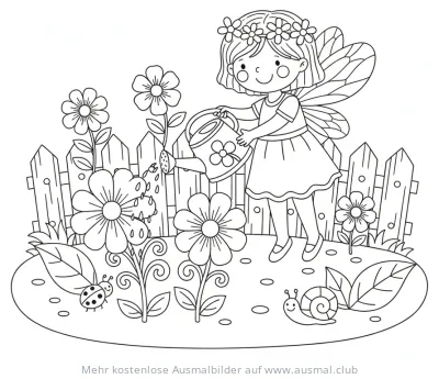 Fee gießt Blumen Ausmalbild mit Garten und Tieren