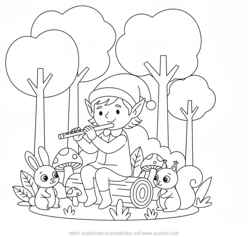 Elf mit Flöte, Hase und Eichhörnchen Ausmalbild