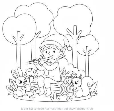 Elf mit Flöte, Hase und Eichhörnchen Ausmalbild