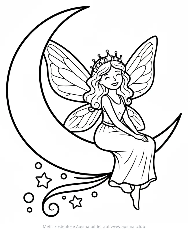 Fee sitzt auf Mondsichel Ausmalbild