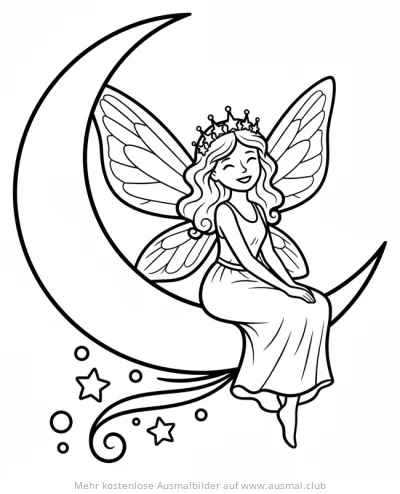 Fee sitzt auf Mondsichel Ausmalbild