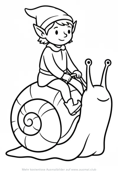 Elf reitet auf Schnecke Ausmalbild