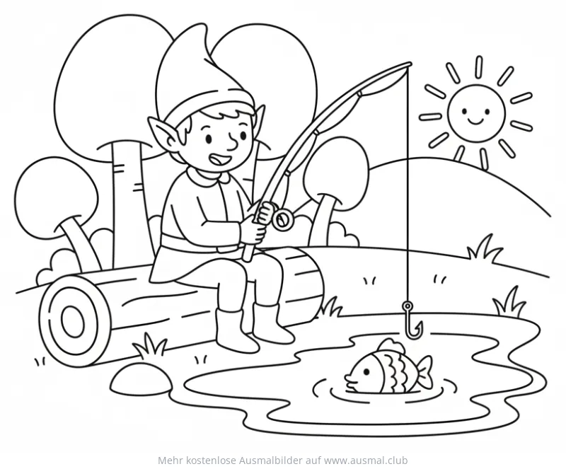 Elf sitzt auf Baumstamm und angelt Ausmalbild