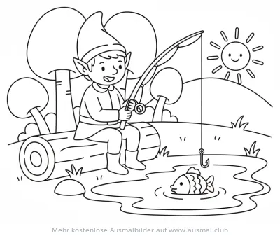 Elf sitzt auf Baumstamm und angelt Ausmalbild