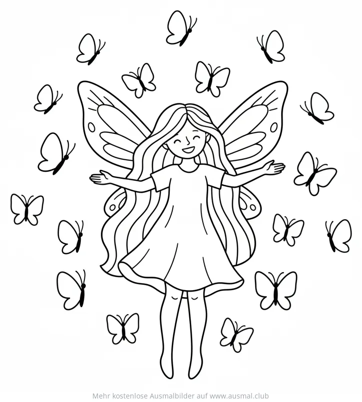 Fee mit Flügeln umgeben von Schmetterlingen Ausmalbild