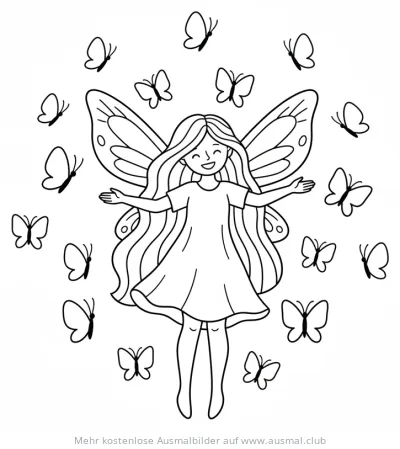Fee mit Flügeln umgeben von Schmetterlingen Ausmalbild