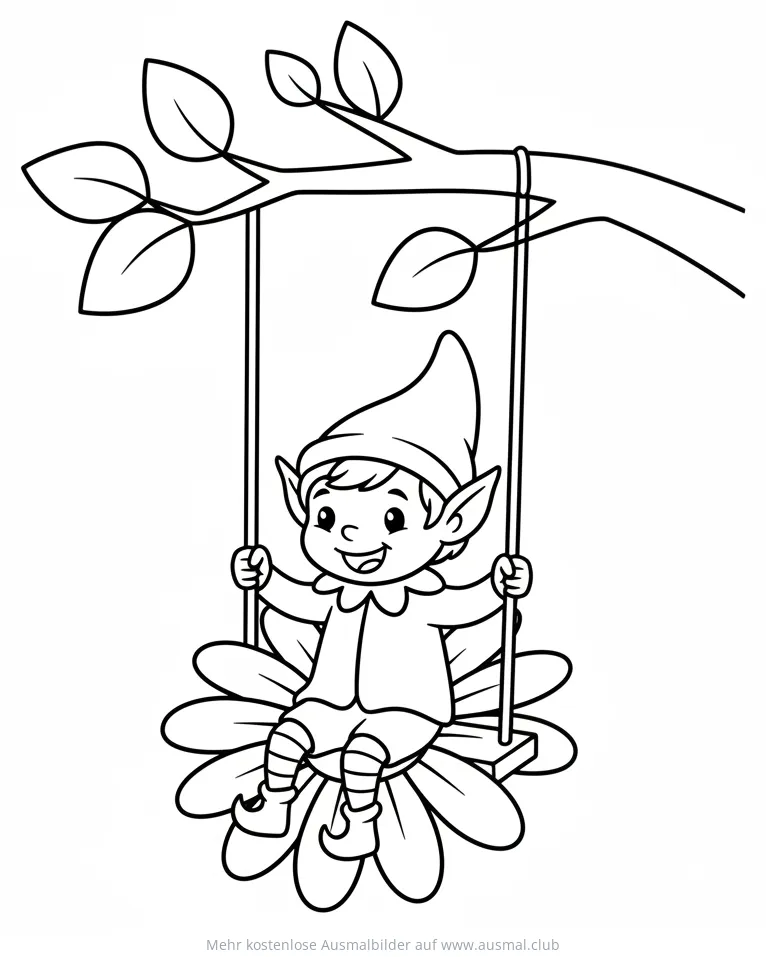 Elf auf Blumenschaukel Ausmalbild