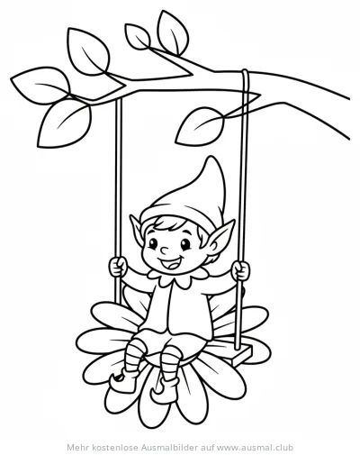 Elf auf Blumenschaukel Ausmalbild