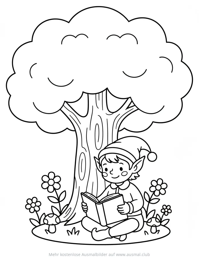 Elf liest Buch unter Baum Ausmalbild