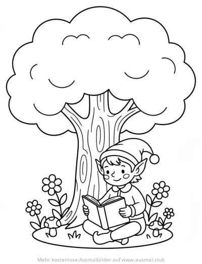 Elf liest Buch unter Baum Ausmalbild