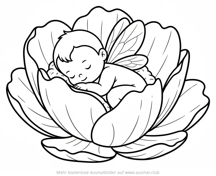 Schlafendes Baby Fee in Blüte Ausmalbild