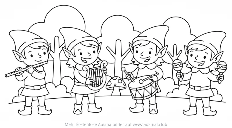 Fröhliche Elfenband mit Musikinstrumenten Ausmalbild