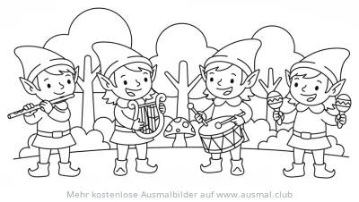 Fröhliche Elfenband mit Musikinstrumenten Ausmalbild